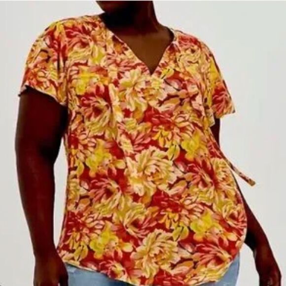 Torrid Rust Flower Esther Peasant Blouse- Size 1 1X- Red / Yellow/ Orange Top - Picture 1 of 3